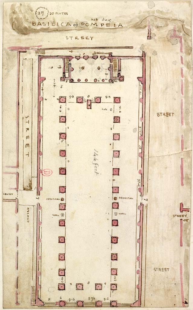 Alleyway on south side of Via Marina, at the western end of Vicolo di Championnet, drawing by W. Gell, c.1819.
At the rear of the Basilica are steps, presumably leading to the Temple of Venus.
See Gell W & Gandy, J.P: Pompeii published 1819 [Dessins publiés dans l'ouvrage de Sir William Gell et John P. Gandy, Pompeiana: the topography, edifices and ornaments of Pompei, 1817-1819], pl. 80.
See book in Bibliothèque de l'Institut National d'Histoire de l'Art [France], collections Jacques Doucet Gell Dessins 1817-1819
Use Etalab Open Licence ou Etalab Licence Ouverte
