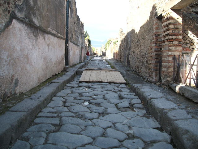 Vicolo dei Vettii, west side. May 2010. Looking north along VI.15, from VI.15.5. to VI.15.18.