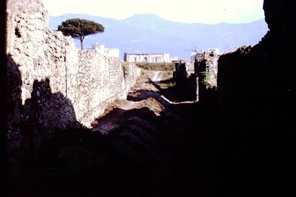Vicolo della Nave Europa between I.21 and I.22. Pompeii. 1972. Looking south. Photo by Stanley A. Jashemski. 
Source: The Wilhelmina and Stanley A. Jashemski archive in the University of Maryland Library, Special Collections (See collection page) and made available under the Creative Commons Attribution-Non Commercial License v.4. See Licence and use details. J72f0374
