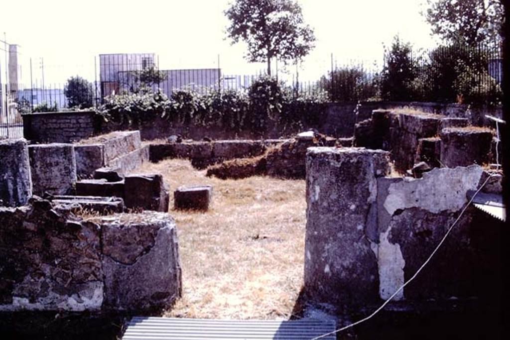 Tempio dionisiaco in località Sant’Abbondio di Pompei. 1973. Looking towards east wall. 
Photo by Stanley A. Jashemski. 
Source: The Wilhelmina and Stanley A. Jashemski archive in the University of Maryland Library, Special Collections (See collection page) and made available under the Creative Commons Attribution-Non Commercial License v.4. See Licence and use details.
J73f0349
According to Jashemski, [in 1973] “it was cleaned for us, so we began work there. The temple, accidentally discovered on private property as a result of bombing in 1943 during World War II, was excavated in 1947  48. In front of the temple are two very large masonry triclinia, each with a large circular table, the scene of the sacral banquets of the Dionysiac mysteries. At the southwest corner was a large schola (elaborate stone bench). We were able to find a total of sixteen cavities adjacent to the two triclinia and the schola. Some were the cavities of posts that supported the pergola, others were of the roots of vines that shaded the pergola built over each triclinium. The original condition of the soil at the sides and the rear of the temple was completely ruined, for the site had been used as a dump. But Sicignano, who had helped in the original excavation of the temple, distinctly recalled that pronounced furrows were visible when the lapilli were removed, and that lapilli filled cavities could be seen. These, because of their appearance and the distances between them, he took to be grapevines. The temple of Dionysius, god of wine, quite appropriately was located in a vineyard.”
See Jashemski W. F., 2014. Discovering the Gardens of Pompeii: The Memoirs of a Garden Archaeologist 1955 – 2004, p. 209.
