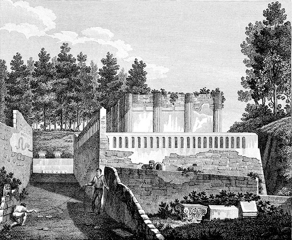HGW04d Pompeii.  1809-11. Drawing by Mazois.
According to Mazois The drawing offers the sight of the tomb of Mamia on the side of the sepulcretum; 
one can notice on the right, in the wall which separates this place from the street, several heads of animals encrusted, 
and which seem intentionally put to form a manner of decoration rather suitable at a place devoted to the burials. 
In the surroundings were several vault openings. It was impossible for me to find them
See Mazois, F., 1812. Les Ruines de Pompei: Premiere Partie. Paris: Didot Frres. (p. 28, Pl. X).
