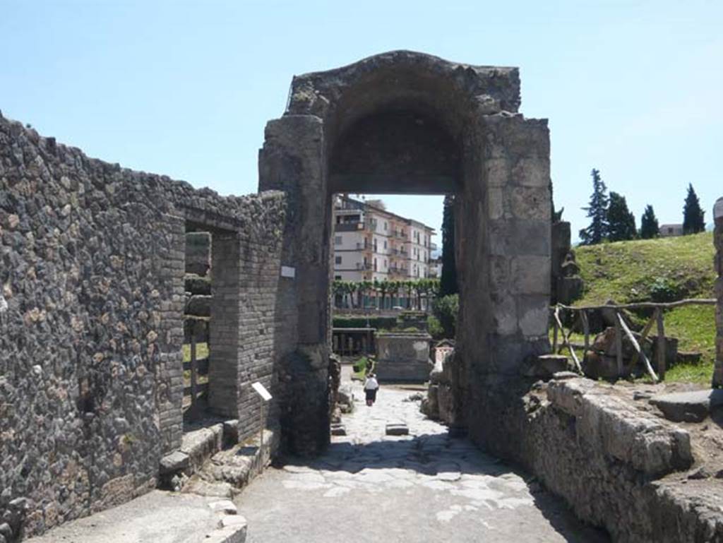 Pompeii Porta Nocera. May 2012. Looking south through Porta Nocera to site of Cippus of Titus Suedius Clemens.
Photo courtesy of Buzz Ferebee.
