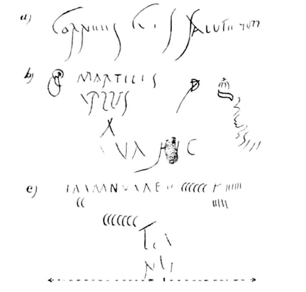 Villa Rustica di Marcus Livius Marcellus. 1928 drawing of graffiti found in the torcularium.
a. Cornelius (Suis?) Salute(m)

b. Marti(a)lis
a plus D.
                X
          uva hic

c. In manu uvae p(ondo) CCCCCC K IIIIII
    CC
               CCCCCCC
                Te..  a..
                     N
This latter seems to give an overall account of the grapes arrived at the press in a wine campaign.

See Notizie degli Scavi di Antichit, 1929, p. 181-2, fig. 3.
