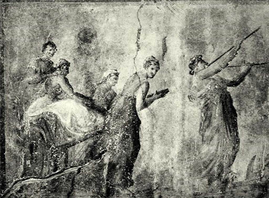 I.6.2 Pompeii. North wall of oecus or triclinium. Wall painting of Ariadne being carried in a cart, perhaps for her marriage, led by a female figure playing the double flute. Photo courtesy of Davide Peluso.