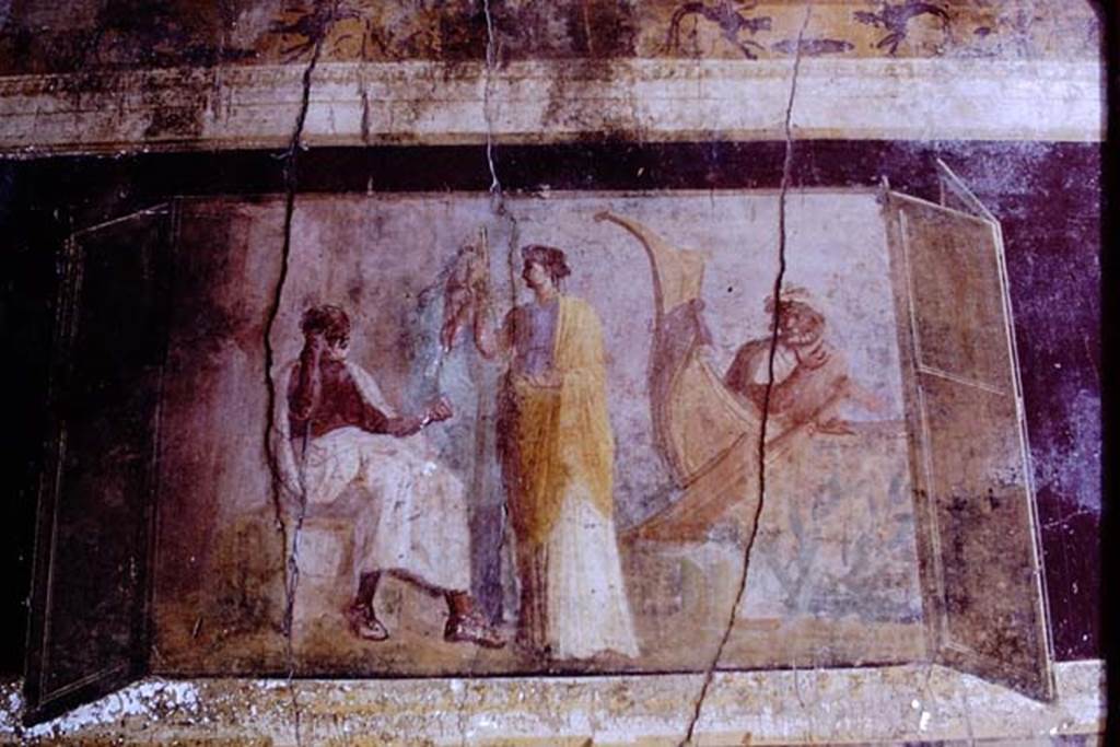 I.6.2 Pompeii, 1968. Oecus in the south-east corner, wall painting showing a sitting philosopher, a standing woman and Charon, from centre of south wall. Photo by Stanley A. Jashemski.
Source: The Wilhelmina and Stanley A. Jashemski archive in the University of Maryland Library, Special Collections (See collection page) and made available under the Creative Commons Attribution-Non Commercial License v.4. See Licence and use details.
J68f0527