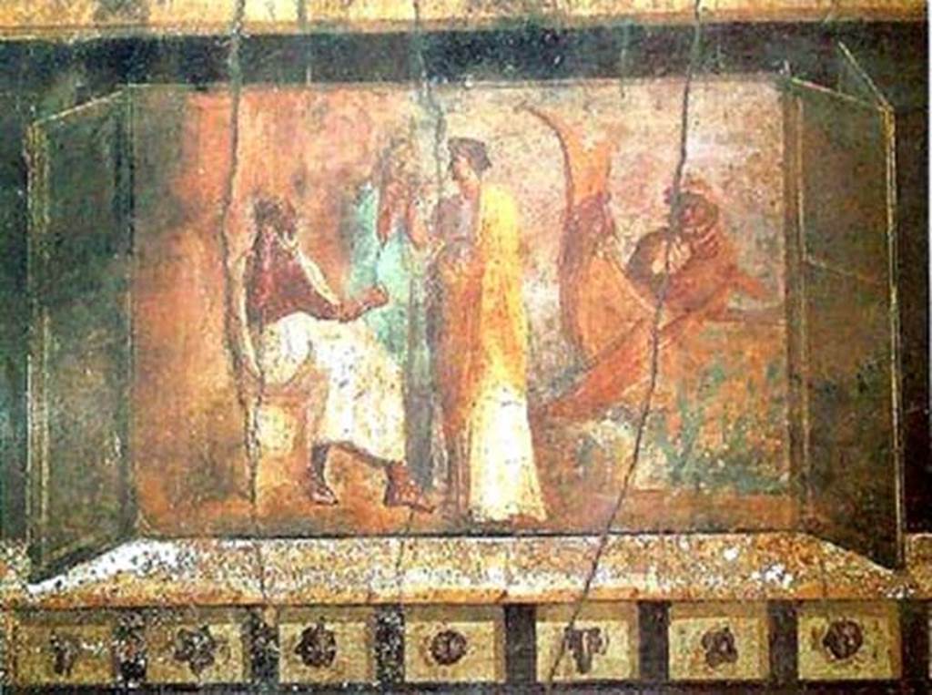 I.6.2 Pompeii. Detail of pinax on south wall of oecus/triclinium in south-east corner.
The farewell of Alcestis, as she goes to take Charon’s ferry to the underworld.
SAP inventory number 59469b.