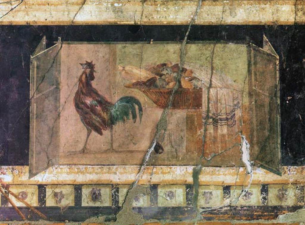 I.6.2 Pompeii. West end of south wall of oecus, wall painting of still-life with cock, basket of fruit and a towel. Photo courtesy of Davide Peluso.