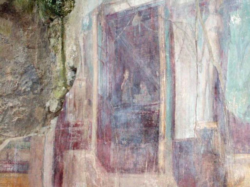 I.6.2 Pompeii. May 2006. North wall of frigidarium, with detail of upper west end. Painting of woman on balcony with a maidservant.