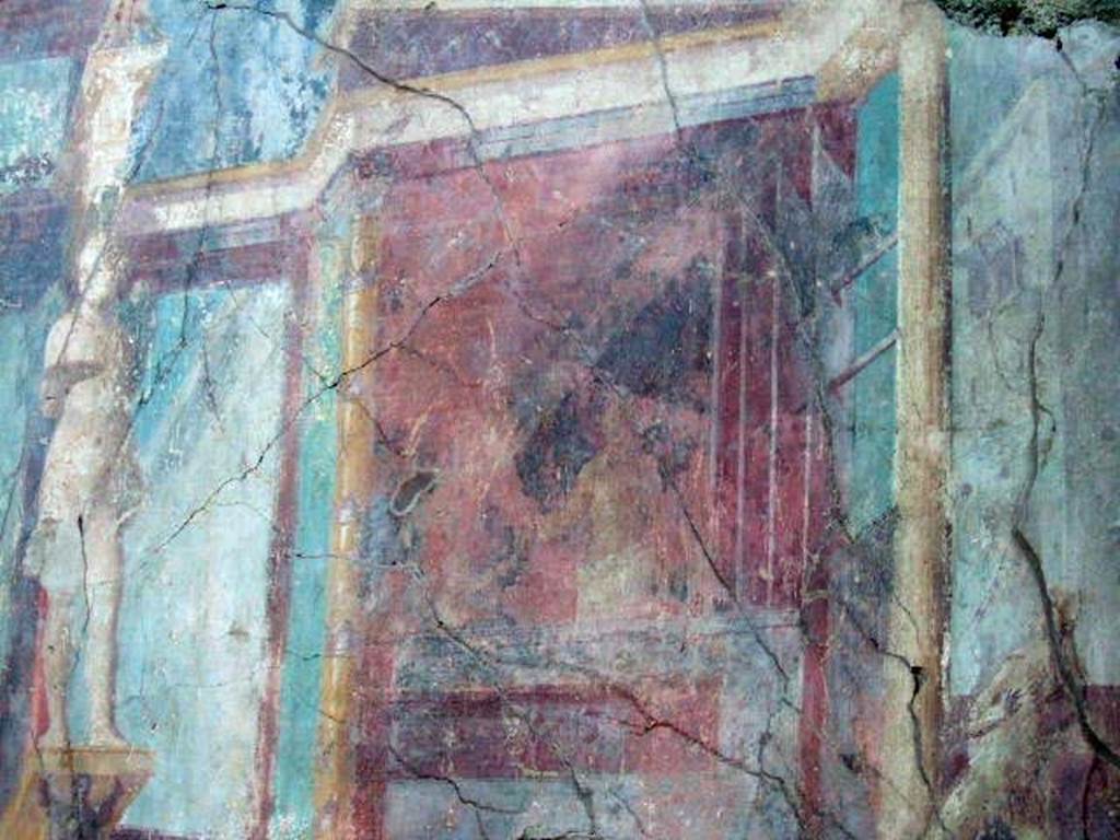 I.6.2 Pompeii. May 2006. Frigidarium, north wall. Detail of upper east end. Painting of woman with child on balcony and view of city.