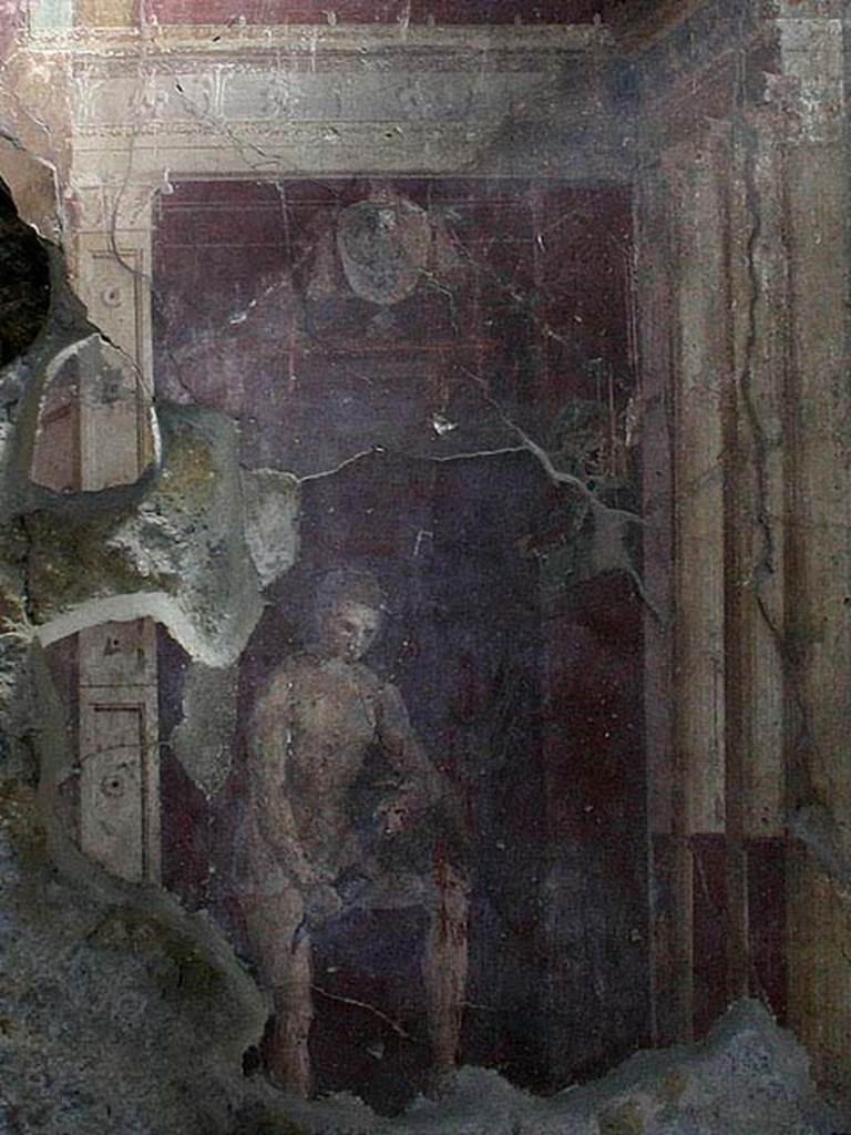 I.6.2 Pompeii. December 2007. West end of south wall of frigidarium, with painting of satyr pouring wine.   