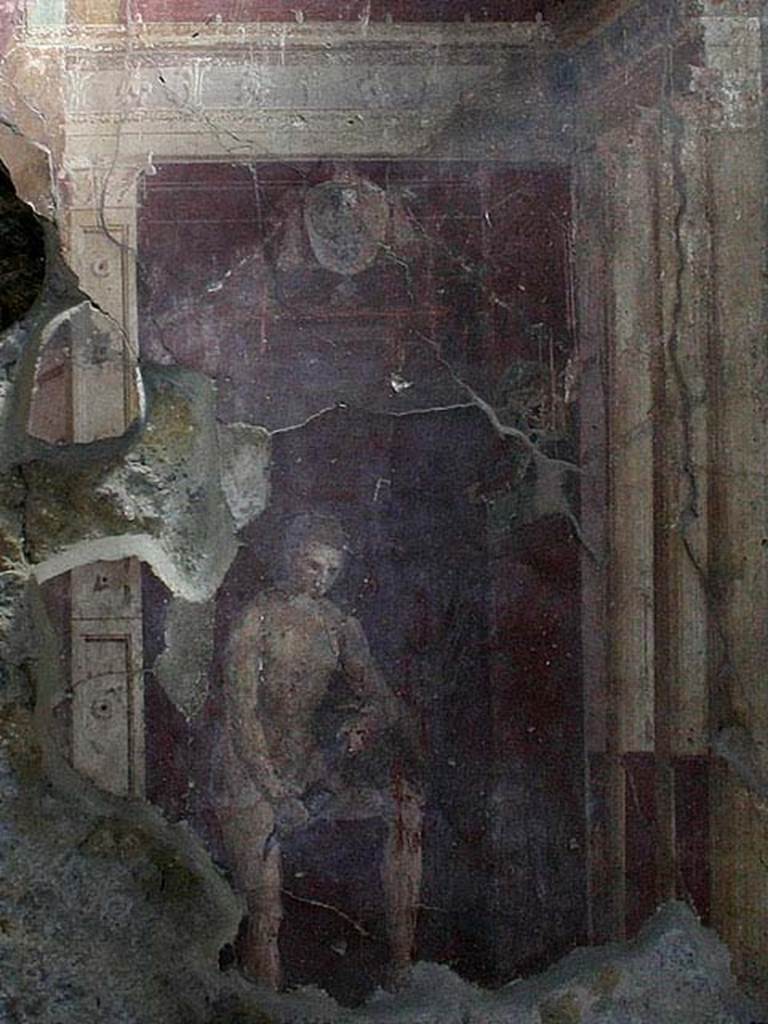 I.6.2 Pompeii. December 2007. West end of south wall of frigidarium, with painting of satyr pouring wine.