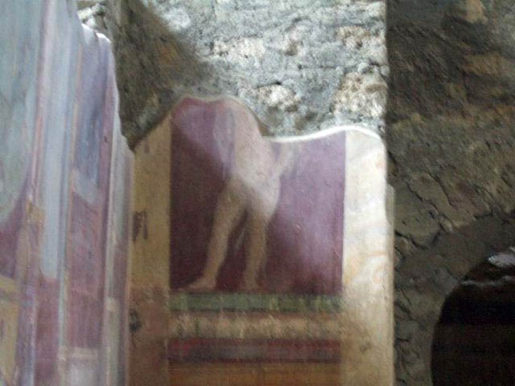 I.6.2 Pompeii. May 2006. Frigidarium, west wall, upper zone, south of the niche. Detail of painting of cupid.