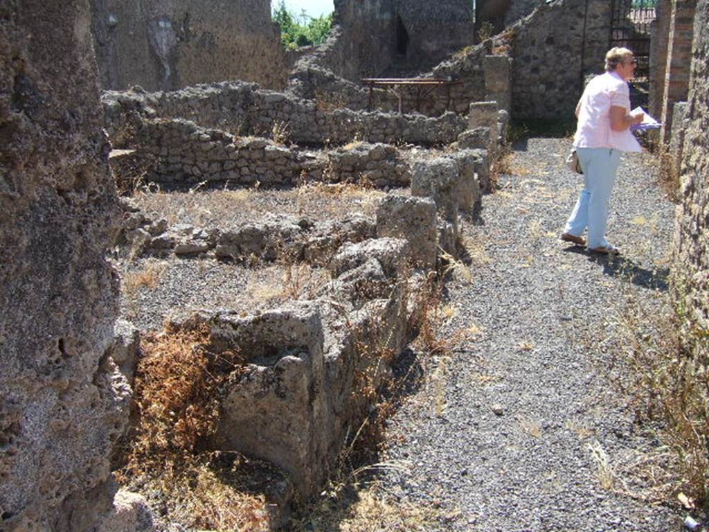 I.6.2 Pompeii. May 2006. Rooms on the east side, looking south. Looking south along passage between the atrium and the peristyle garden. Two bombs fell on the house on the 19th September 1943. These rooms, the eastern ala and the next four rooms together with the eastern perimeter wall were destroyed. See Garcia y Garcia, L., 2006. Danni di guerra a Pompei. Rome: L’Erma di Bretschneider. (p. 41).
