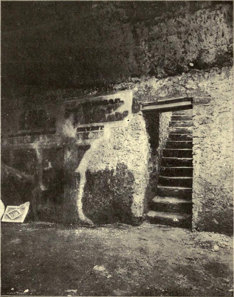 I.6.2 Pompeii. 1914. North wall of north wing of cryptoporticus showing stairs to upper small peristyle garden.
See Notizie degli Scavi di Antichità, 1914, Vol. XI, p. 258 (fig. 2).