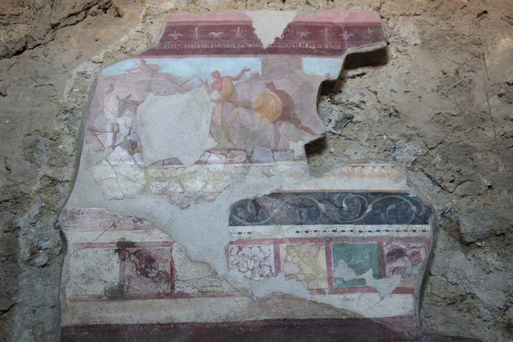 I.6.2 Pompeii. December 2018. Remains of painting of pestilence scene on west wall of west wing. Photo courtesy of Aude Durand.