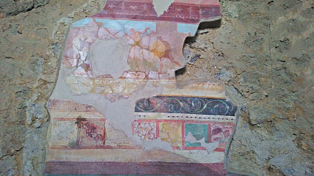I.6.2 Pompeii. 2018. Remains of painting of pestilence scene on west wall of west wing. Photo courtesy of Giuseppe Ciaramella.