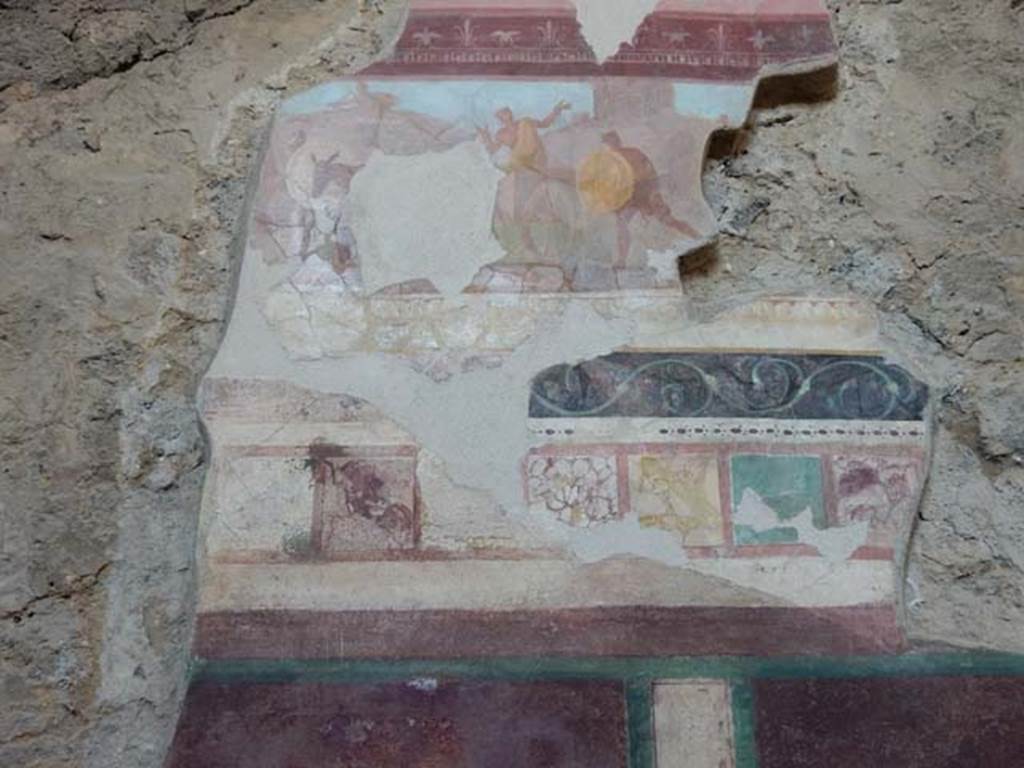 I.6.2 Pompeii. May 2016. Remains of painting of pestilence scene on west wall of west wing.
Photo courtesy of Buzz Ferebee.

