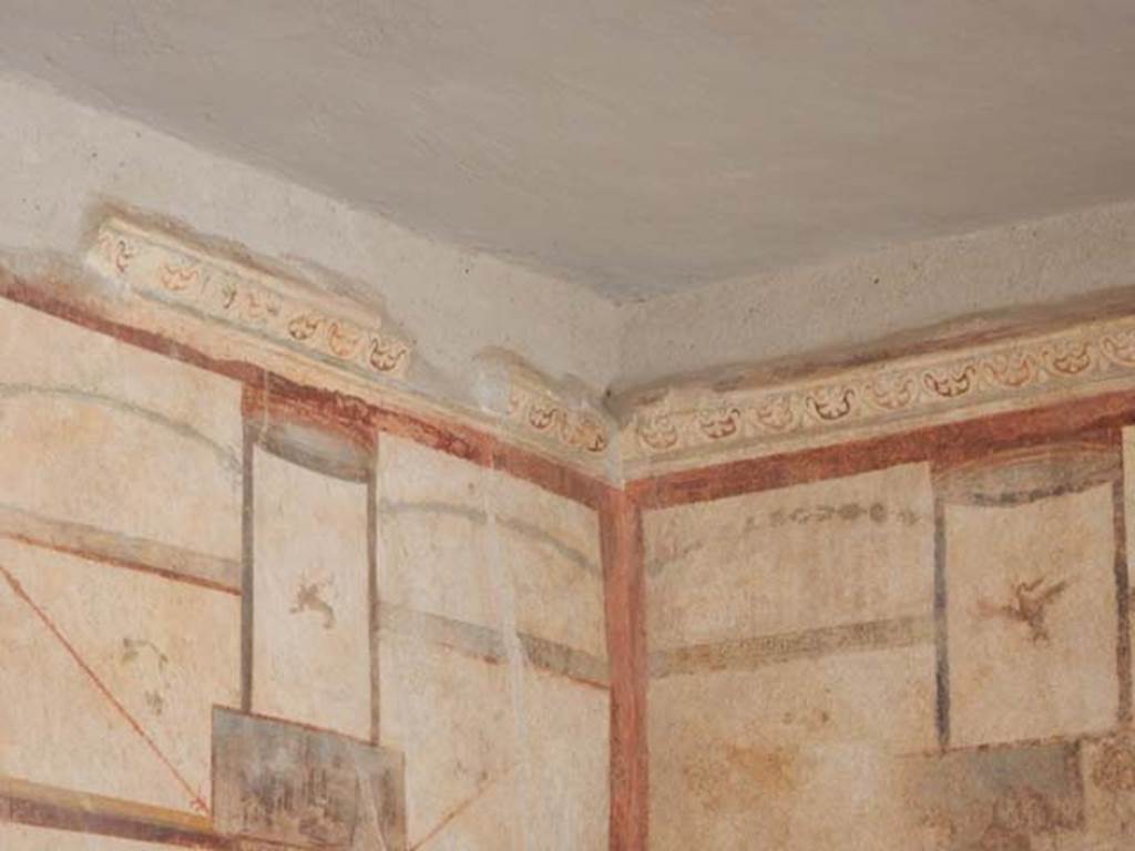 I.6.7 Pompeii. May 2016. Detail of upper wall in north-east corner of large oecus.
Photo courtesy of Buzz Ferebee.
