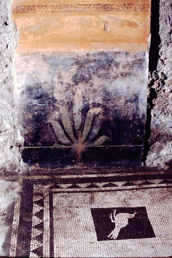 I.7.1 Pompeii, 1968. Painted panel from south of centre of the east wall, between the niches, of the atrium.
The vignette in the yellow panel was of a shield, not photographed.
The black zoccolo was painted with a plant.
Photo by Stanley A. Jashemski.
Source: The Wilhelmina and Stanley A. Jashemski archive in the University of Maryland Library, Special Collections (See collection page) and made available under the Creative Commons Attribution-Non Commercial License v.4. See Licence and use details.
J68f0456