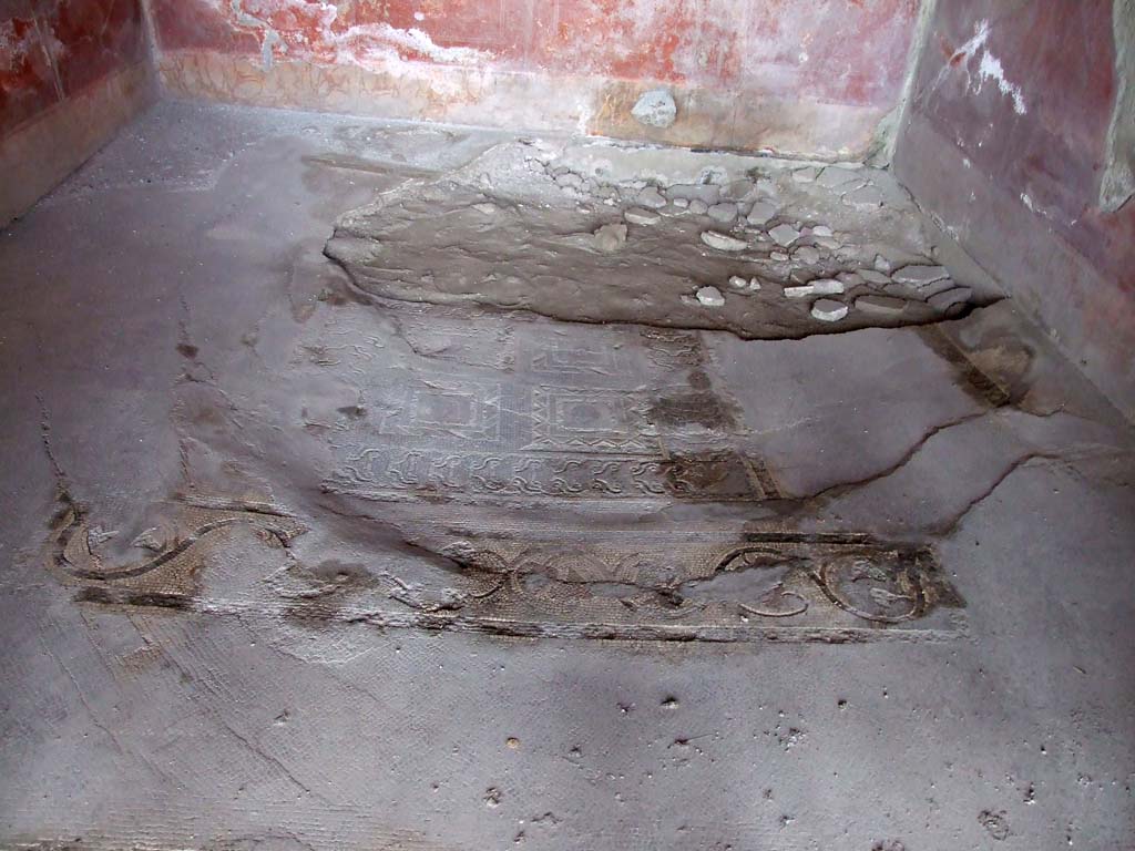 I.7.1 Pompeii. December 2006. Looking north across mosaic floor in oecus on north side of peristyle.
According to Spinazzola –
“Largely open onto the walkway (north portico ambulatory) is an oecus of mediocre size: the tragic room in which 7 young refugees have met their end, and we have seen the last one, fallen higher up, while trying to rescue him from the street.”
(Largamente aperto sull’ambulacro e un oecus di mediocre grandezza: la tragica stanza in cui sette giovani rifugiativisi han trovato la loro fine, e ne abbiamo visto l’ultimo, caduto più in alto, mentre si tentava di soccorrerlo dalla strada.)
See Spinazzola V., 1953. Pompei alla luce degli Scavi Nuovi di Via dell’Abbondanza (anni 1910-1923). Roma: La Libreria della Stato, (p.299 and fig.27,28 on p.29).
