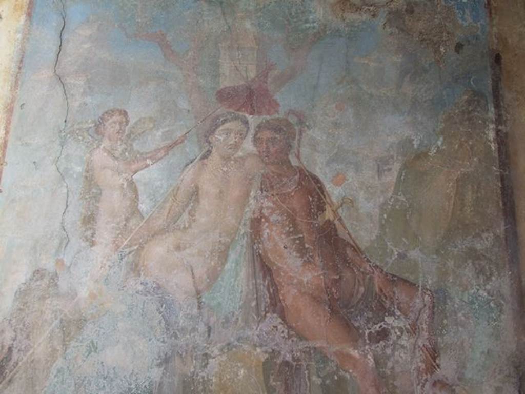 I.7.12 Casa dell’ Efebo or Domus P. Cornelius Tages. Detail of wall painting on west wall opposite the entrance.