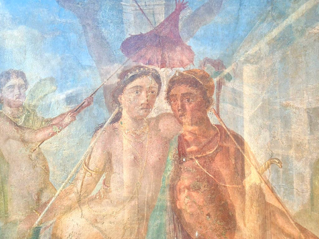 I.7.12 Pompeii. March 2024.
Detail of wall painting of Ares and Aphrodite (Mars and Venus) from west wall. Photo courtesy of Giuseppe Ciaramella.