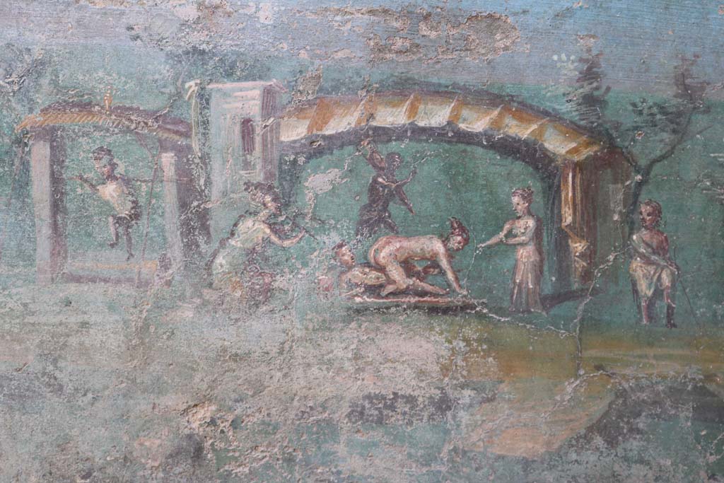 I.7.12 Pompeii. December 2018.
Viridarium, painted erotic fresco on north end of west side of summer triclinium. Photo courtesy of Aude Durand.