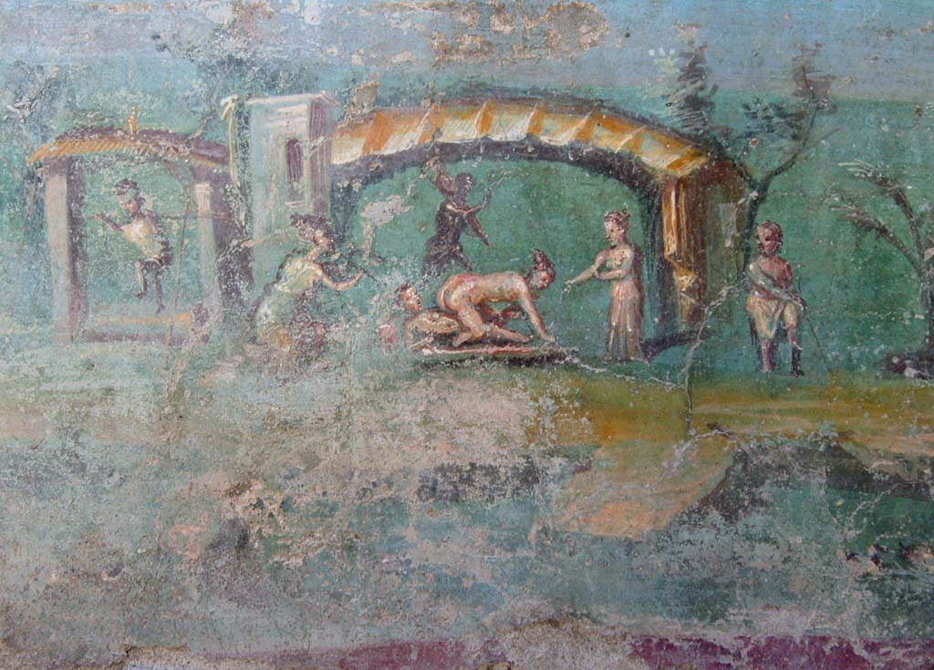 I.7.12 Pompeii. October 2018.
Viridarium, painted erotic fresco on north end of west side of summer triclinium. Photo courtesy of Davide Peluso.