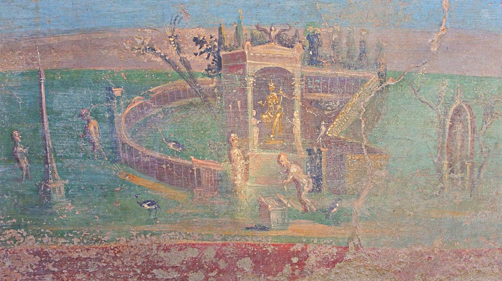I.7.12 Pompeii. 2017/2018/2019.
Detail of painted panel on north end of east side of summer triclinium. Photo courtesy of Giuseppe Ciaramella.