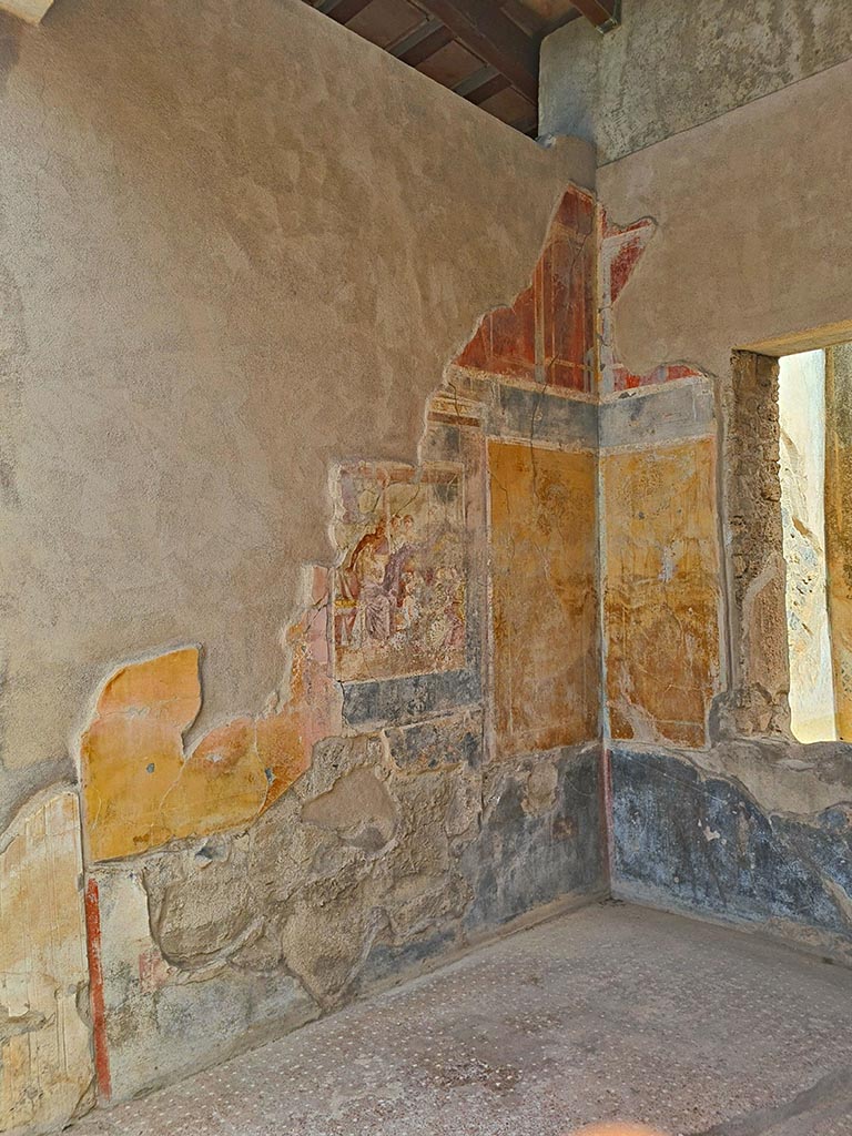 I.7.19 Pompeii. September 2024.
Looking across flooring towards central wall painting of Aphrodite and Ares on north wall.
Photo courtesy of Giuseppe Ciaramella.