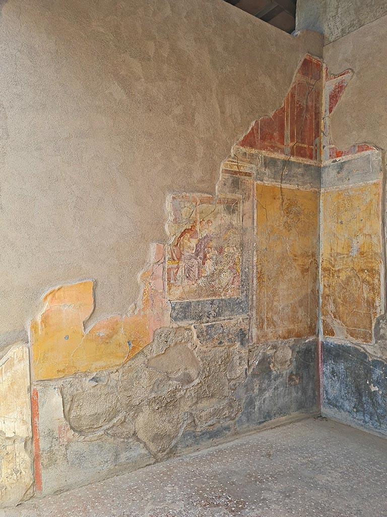 I.7.19 Pompeii. September 2024.
North wall of tablinum with central wall painting of Aphrodite and Ares. Photo courtesy of Giuseppe Ciaramella.