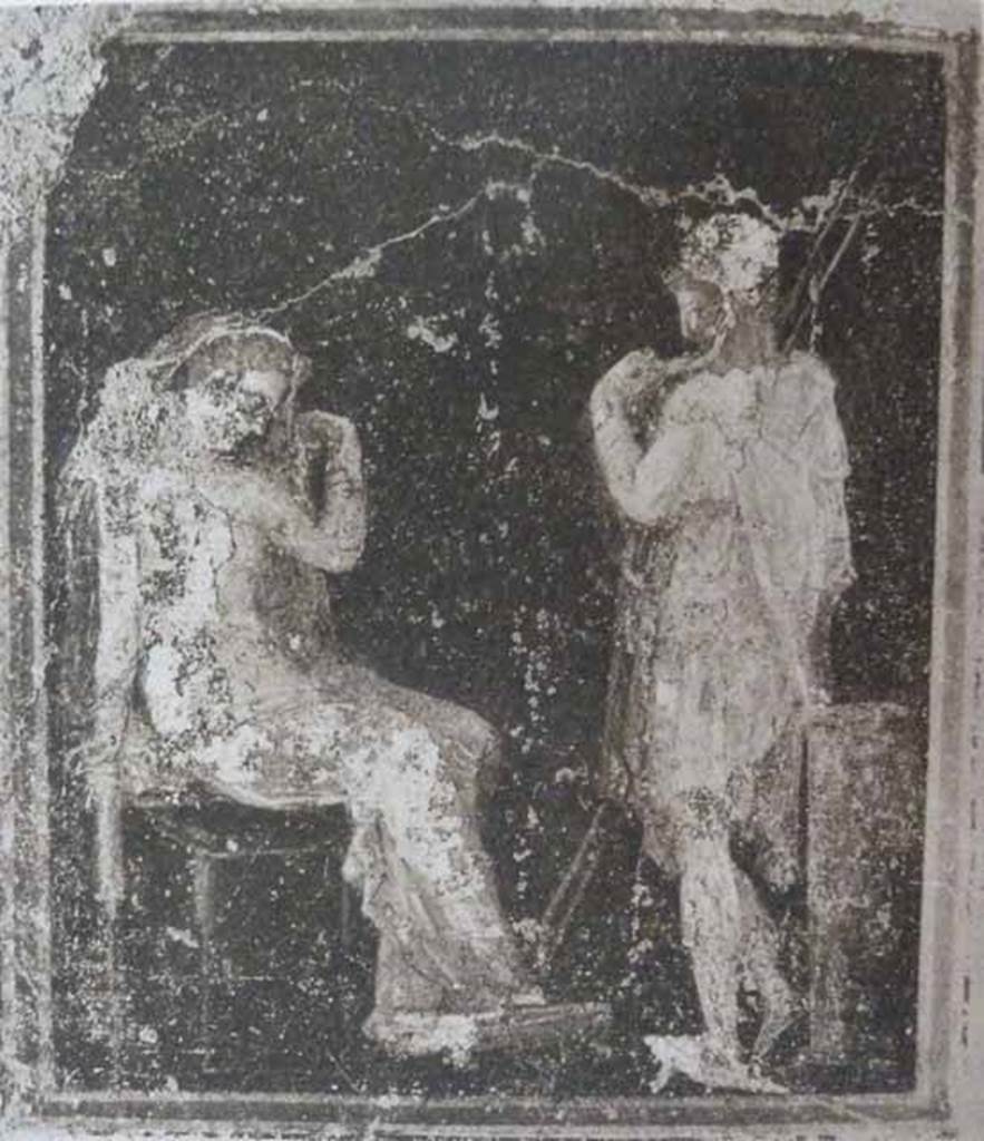 I.7.19 Pompeii. Old undated photograph of Helen and Paris from north wall of cubiculum, shortly after excavation.