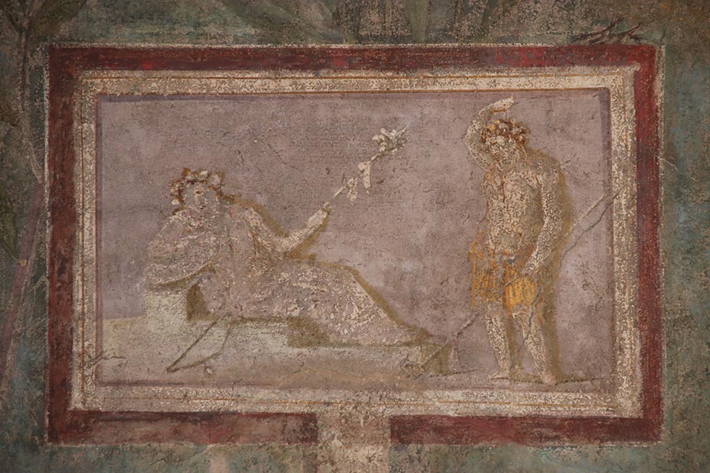 I.9.5 Pompeii. October 2024. Room 5, painted panel of Dionysus and Maenad from centre of east wall. Photo courtesy of Klaus Heese.