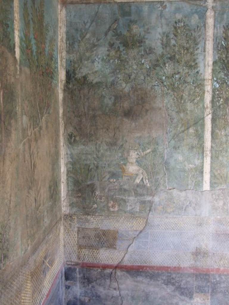 I.9.5 Pompeii. March 2009. Room 5. Cubiculum. South wall. East end. Painting of seated pharaonic figure with plants and bird.