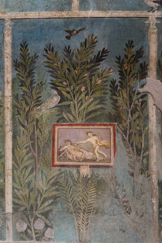 I.9.5 Pompeii. April 2022.
Room 5, detail from south wall with painting of Ariadne and Dionysus.
Photo courtesy of Johannes Eber.