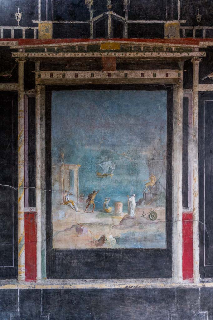 I.9.5 Pompeii. April 2022. 
Room 10, east wall of triclinium with painting of Daedalus and Icarus. Photo courtesy of Johannes Eber.
