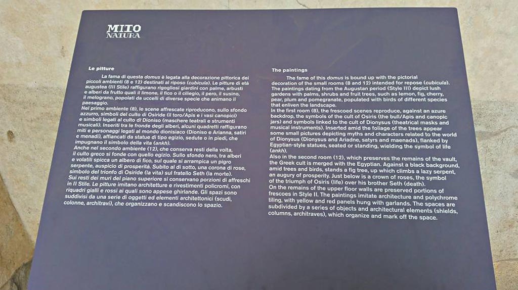 I.9.5 Pompeii. 2016/2017. Information card on the paintings. Photo courtesy of Giuseppe Ciaramella.
Please note, the “room 12” referred to on this card, refers to our room numbered 11.
(Siete pregati di notare che la “camera 12” a cui si fa riferimento su questa carta, si riferisce alla nostra camera numerata 11).