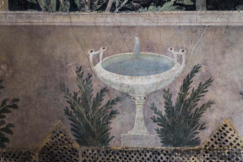 I.9.5 Pompeii. April 2022.
Room 11, detail of painting of fountain from south wall in south-east corner. Photo courtesy of Johannes Eber.