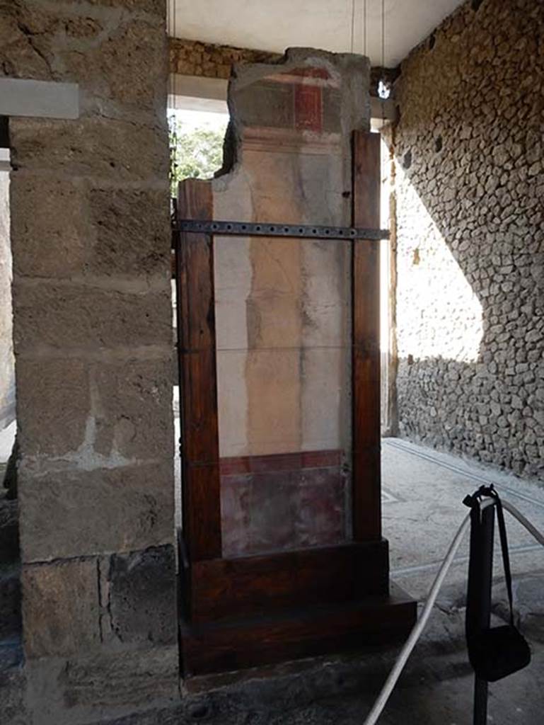 I.9.5 Pompeii. May 2017. Room 8, looking north to rear of the fragments of wall frescoed in II Style, fallen and found in the tablinum, also see Part 4. Photo courtesy of Buzz Ferebee.
