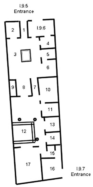 I.9.5 Pompeii. Casa dei Cubicoli Floreali or House of the Floral Cubicula
or Casa del frutteto or House of the Orchard or Domus of Euplia
Room plan