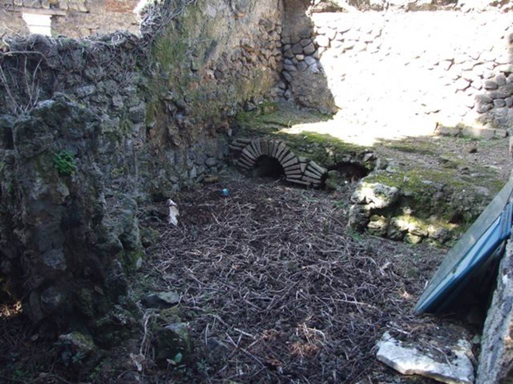 I.10.4 Pompeii. March 2009. Room 27, kitchen and hearth. Looking towards the north-west corner. According to Boyce, on the west wall beside the hearth was preserved a corner of a panel of white stucco. It was bordered in red, and within it was painted the tail of a serpent. See Boyce G. K., 1937. Corpus of the Lararia of Pompeii. Rome: MAAR 14. (p.28, no.51)