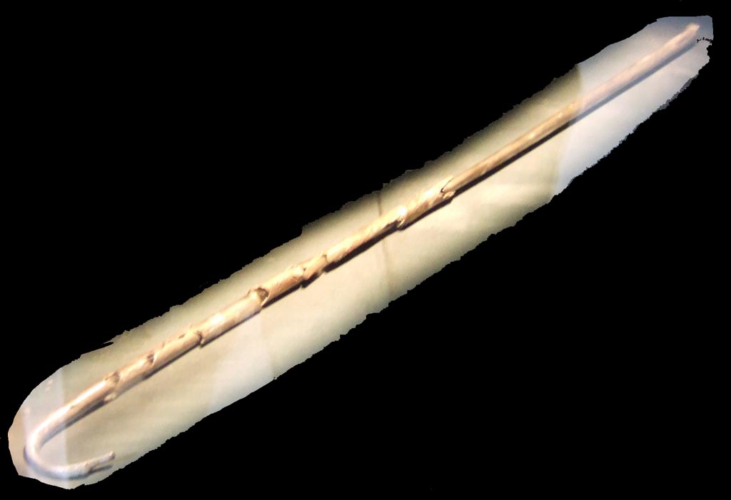 I.10.4 Pompeii. Silver wine test tube, found with two parts, where one could be inserted into the other.
According to Stefani, the two tubes were joined by a reservoir in the centre, which has not been found.
Part of the 115 pieces of Silver found in a chest in the underground storerooms.
Now in Naples Archaeological Museum. Inventory numbers 145551 and 145552.
See Guzzo, P. (A cura di), 2006. Argenti a Pompei. Milano, Electa. p.222.