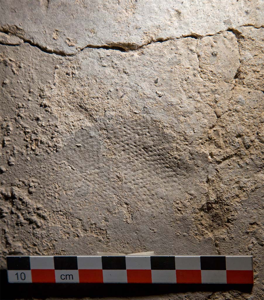 Fig. 6 – Pompéi, Casa del Menandro – Détail d’une empreinte de genou ( ?), protégé par une pièce d’étoffe sur l’enduit de lissage du four.
Cliché : Fr. Pauvarel / EFR. Utilisation soumise à CC-BY-NC-SA 4.0