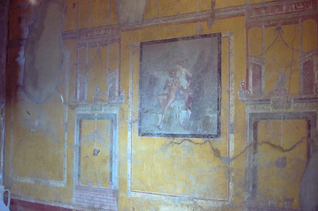 I.10.4 Pompeii, 7th August 1976. Room 19, wall painting in centre of south wall.
Photo courtesy of Rick Bauer, from Dr George Fay’s slides collection.