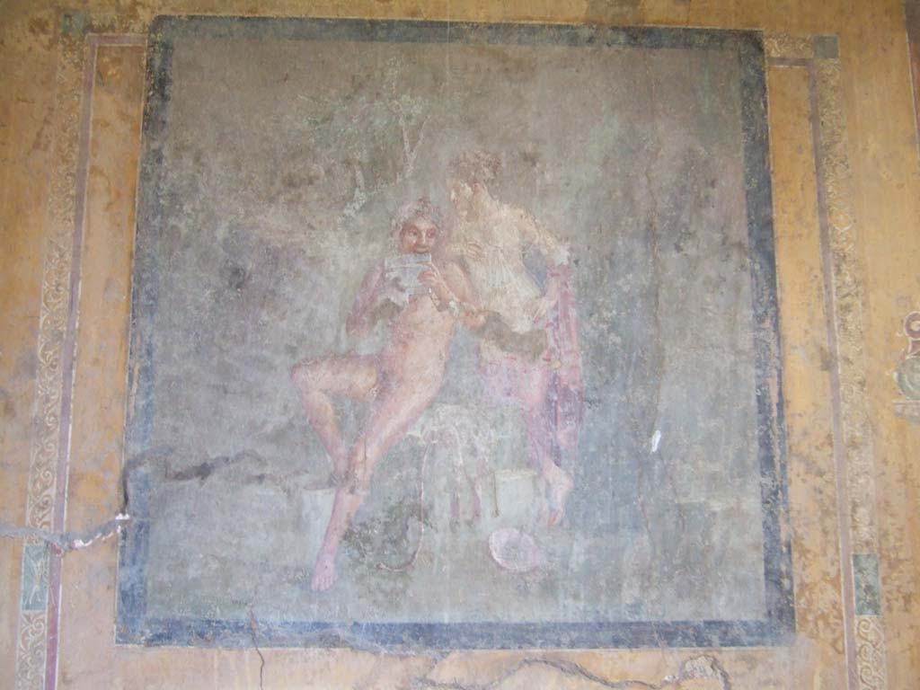 I.10.4 Pompeii. May 2006. Room 19, south wall. Wall painting of a Satyr playing a flute to a Maenad.
See Bragantini, de Vos, Badoni, 1981. Pitture e Pavimenti di Pompei, Parte 1. Rome: ICCD. (p. 127)
See Ling, Roger: La Casa del Menandro, in Menander, La Casa del Menandro di Pompei. Edited by G. Stefani. Milan: Electa, 2003 (p.39).