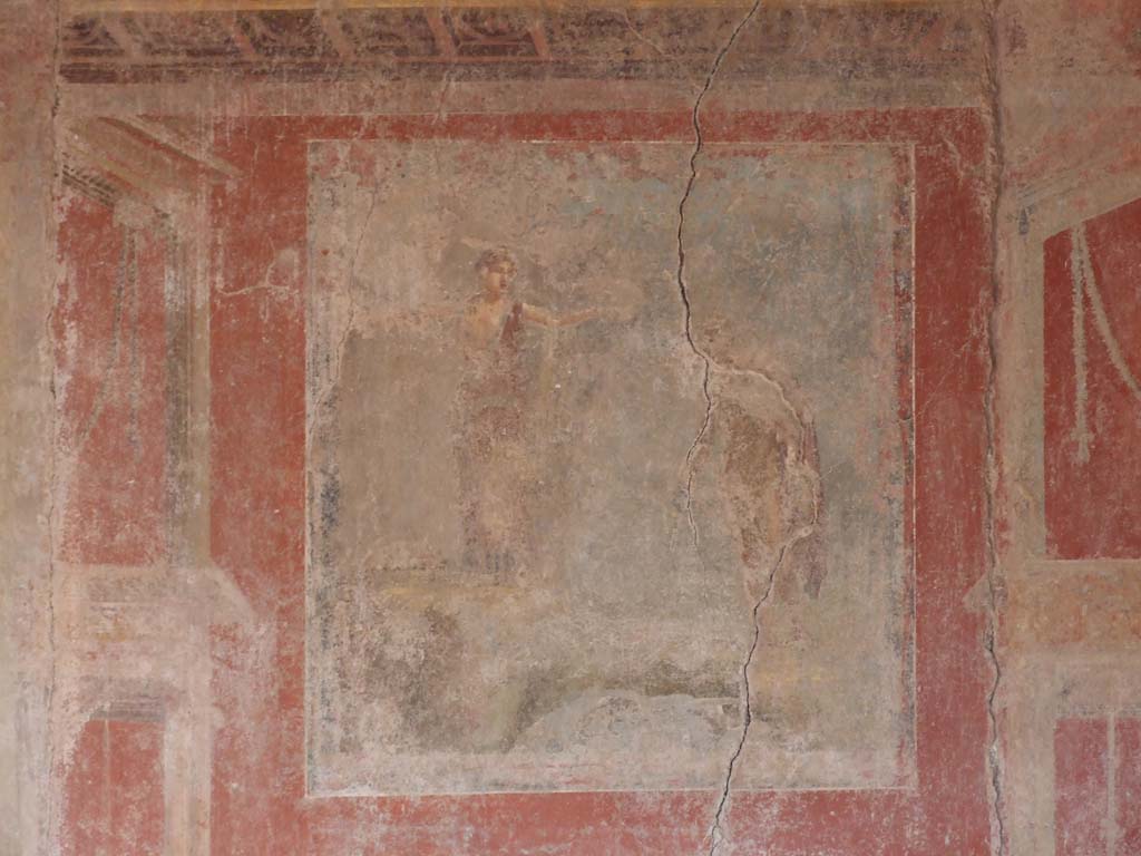 I.10.4 Pompeii. May 2006. Room 15, east wall. Wall painting of Andromeda liberated by Perseus.
See Bragantini, de Vos, Badoni, 1981. Pitture e Pavimenti di Pompei, Parte 1. Rome: ICCD. (p.121).
See Ling, R, La Casa del Menandro, in Menander, La Casa del Menandro di Pompei. Edited by G. Stefani. Milan: Electa, 2003 (p. 38).