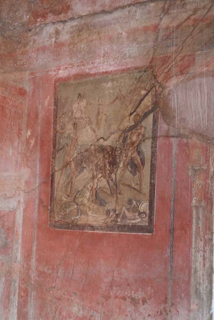 I.10.4 Pompeii. December 2018.
Room 15, central wall painting of the Punishment of Dirce from south wall. Photo courtesy of Aude Durand.
