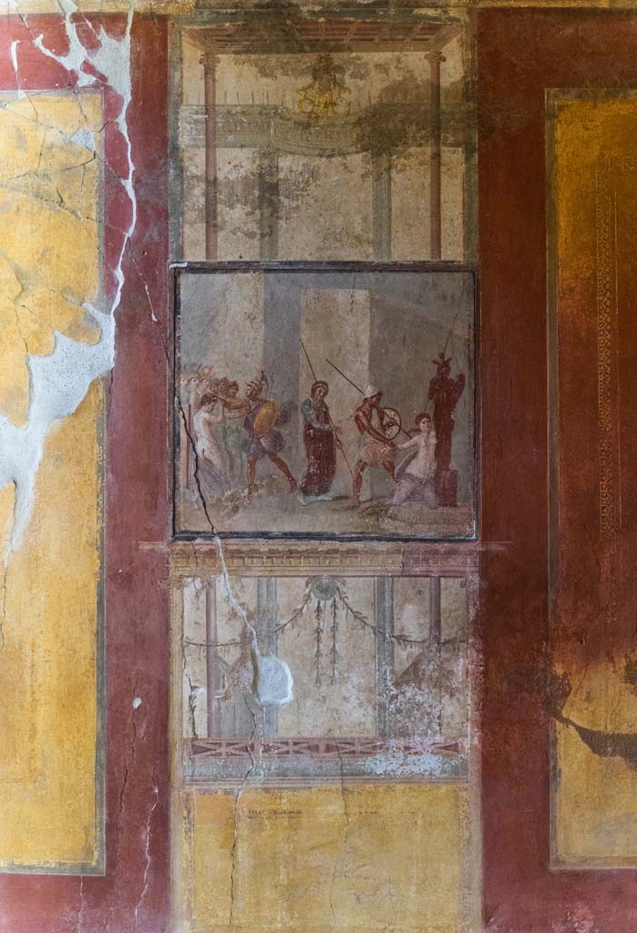 I.10.4 Pompeii. April 2022.
Room 4, panel on north wall with mythological scene. Photo courtesy of Johannes Eber.