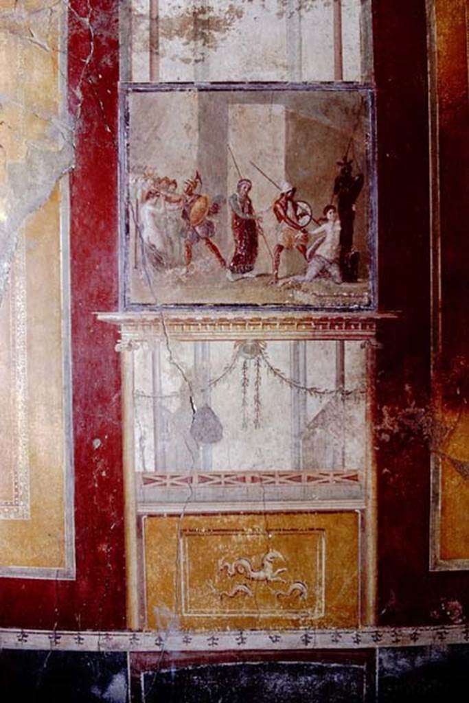I.10.4 Pompeii. 1968. Room 4, North wall with painting of Ajax dragging Cassandra from the Palladium before the eyes of Priam. Photo by Stanley A. Jashemski.
Source: The Wilhelmina and Stanley A. Jashemski archive in the University of Maryland Library, Special Collections (See collection page) and made available under the Creative Commons Attribution-Non Commercial License v.4. See Licence and use details.
J68f2046