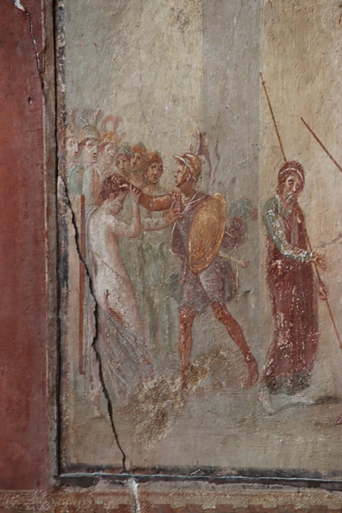 I.10.4 Pompeii. October 2023.
Room 4, north wall, detail from mythological scene showing Ajax dragging Cassandra from the Palladium before the eyes of Priam.
Photo courtesy of Klaus Heese.